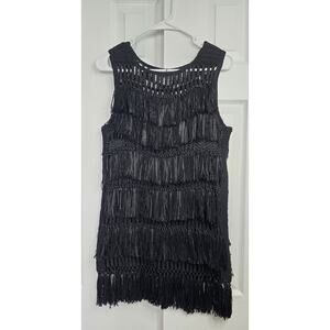 Maiyet Women's Black Cashmere Silk Fringe Crochet Tunic Shirt- Size Large